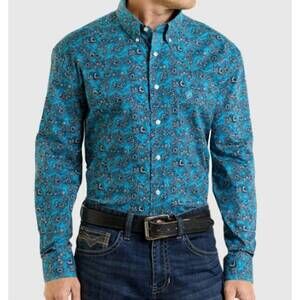 NEW ROCK & ROLL DENIM men's classic fit paisley button down shirt in turquoise